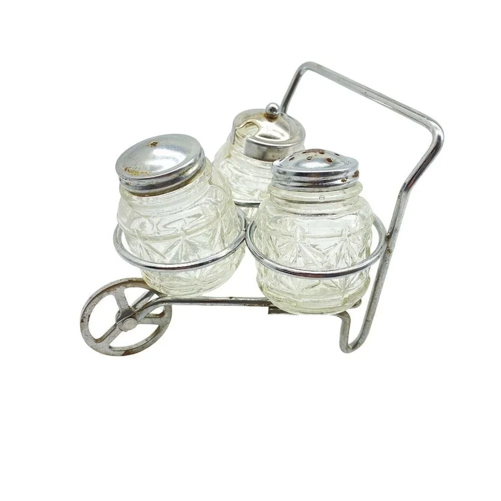 Vintage Glass Salt Pepper Mustard Condiment Set Wheelbarrow Caddy Metal‎ Holder